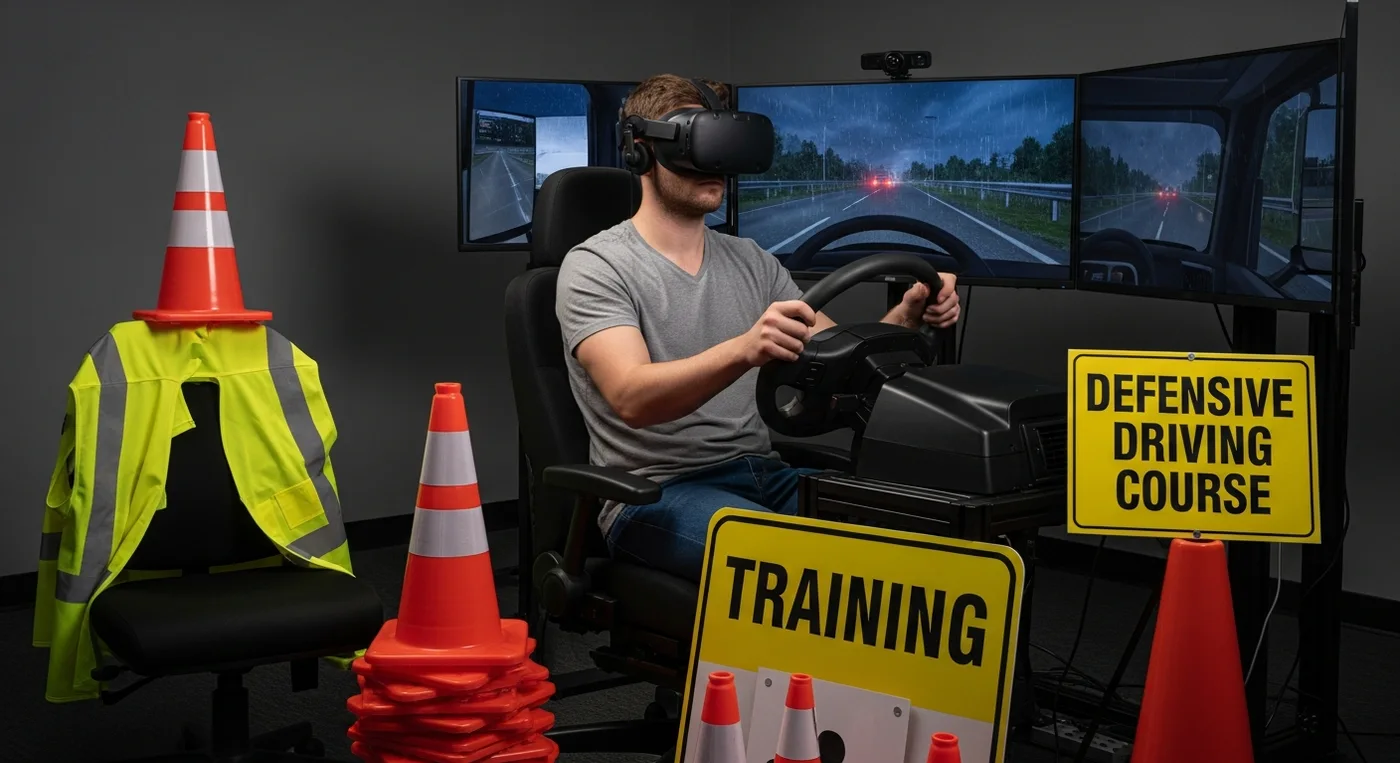A fleet trainee practicing hazardous weather scenarios through virtual driving simulation.