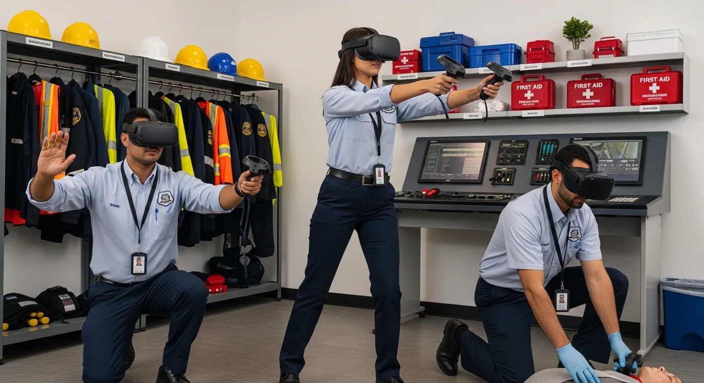 Transit crew members practicing multi-person VR emergency drills for faster, more coordinated response.
