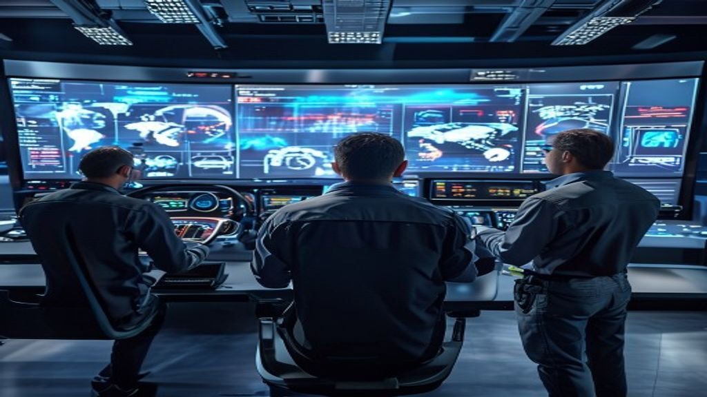 Mobility operations team reviewing simulation scenarios in a digital twin lab