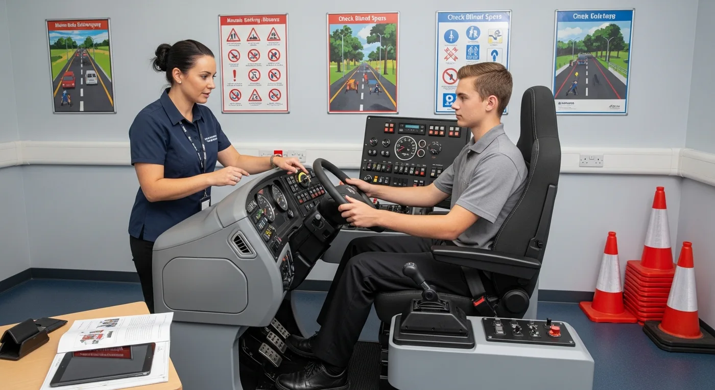 A new fleet driver is learning route awareness and driving fundamentals through virtual onboarding simulation.
