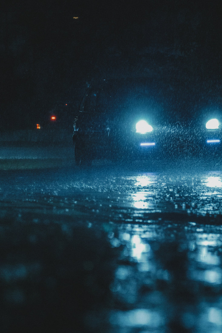 Car driving through heavy rain during an ADAS edge-case test