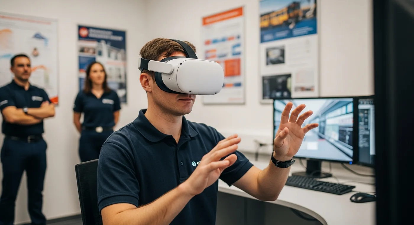 A transportation responder using VR training technology inside a real emergency response training facility.